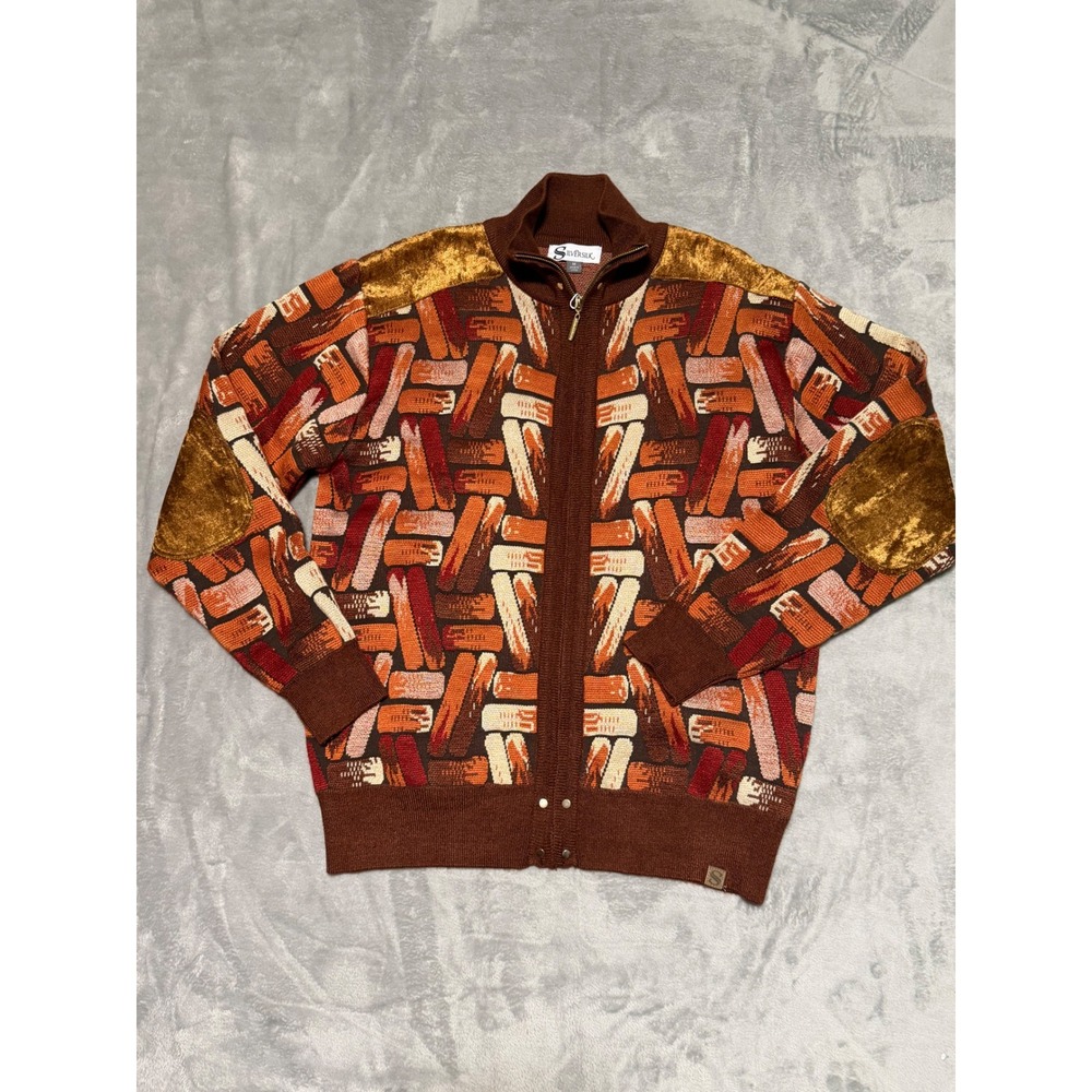 Silver Silk Mens Brown Abstract Geometric Zip Up Sweater Velvet Patches‎ Size M